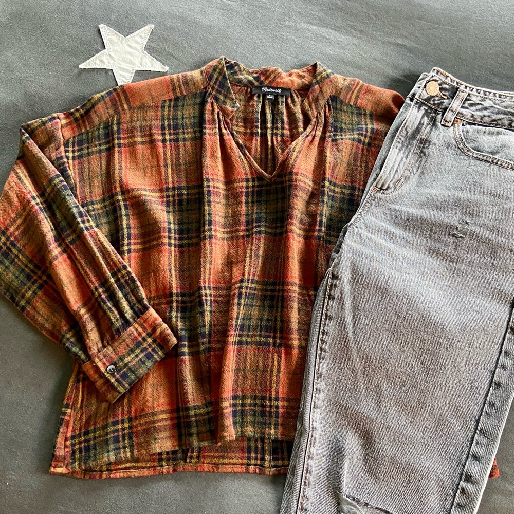 Madewell Plaid Crop Top Long Sleeve Small V Neck